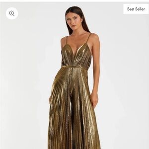 Mac Duggal Gold Metallic Jumpsuit 70s glam Size 12